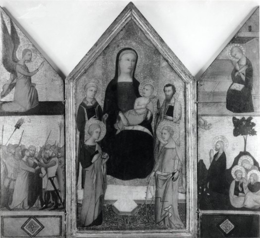 Anonimo — Anonimo fiorentino sec. XIV - Madonna con Bambino in trono e santi; Bacio di Giuda; Orazione di Cristo nell'orto di Gethsemani; Annunciazione — insieme